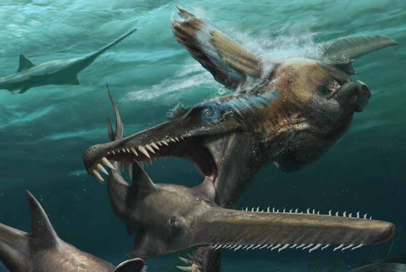 Artists impression of Spinosaurus hunting underwater